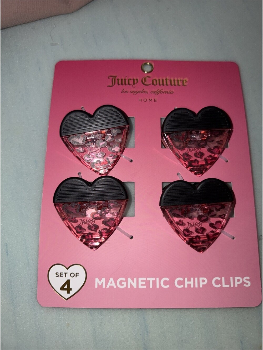 JUICY COUTURE SET 4 HEART 💜 SHAPED Magnetic CHIP CLIPS LEOPARD PRINT NIP
